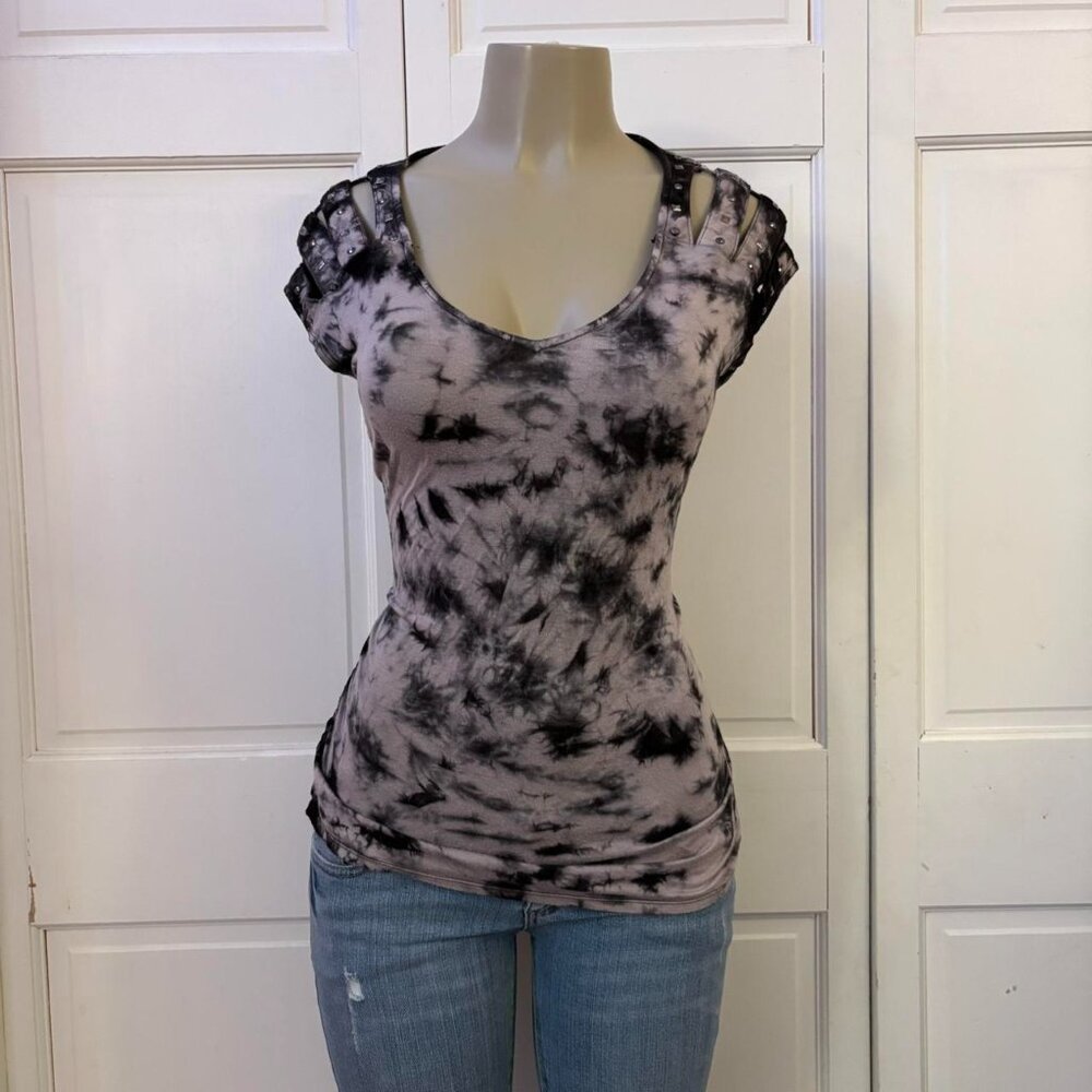 Grunge Tie Dye Studded Shoulder Top